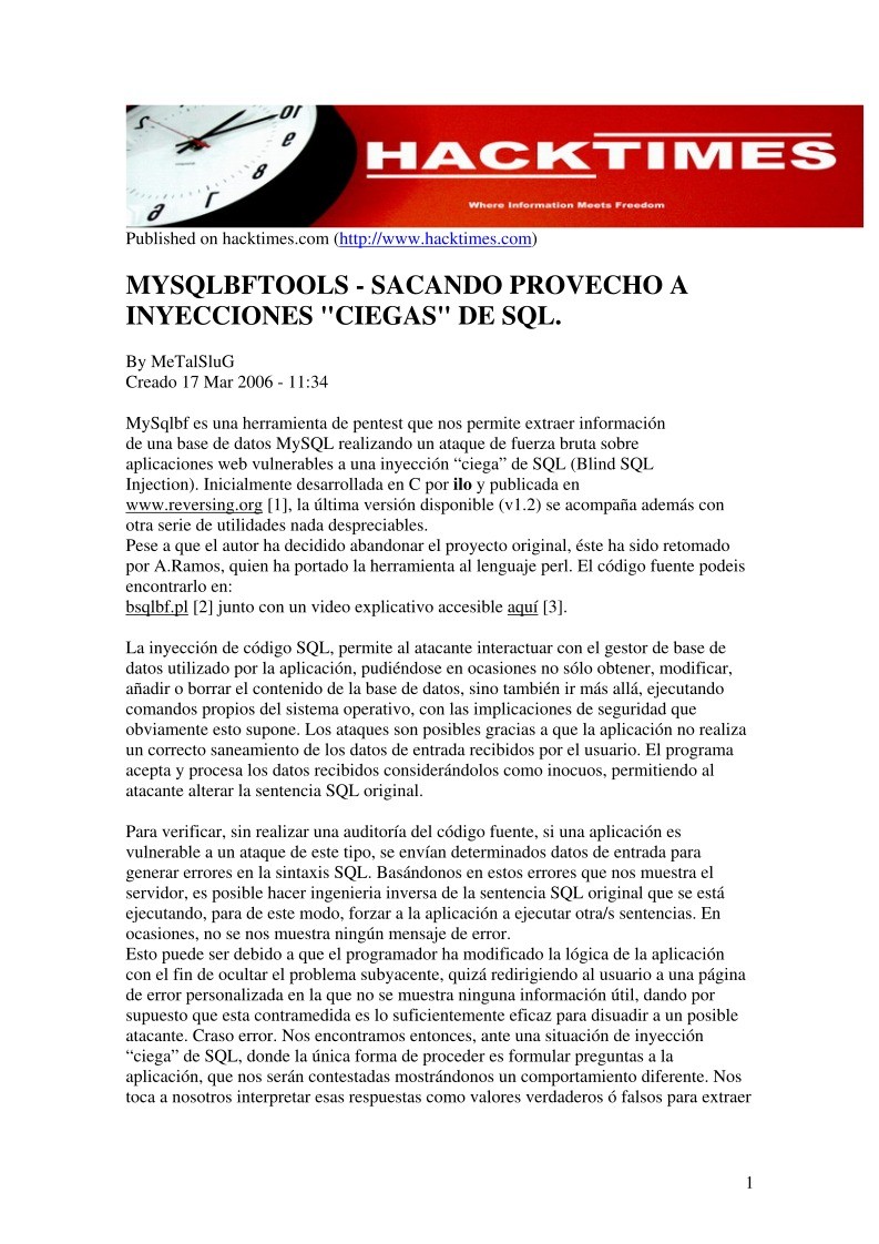 Imágen de pdf MYSQLBFTOOLS - Sacando provecho a inyecciones "ciegas" de SQL